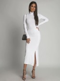 Smooth dress with long sleeves and a turtleneck, white FG678